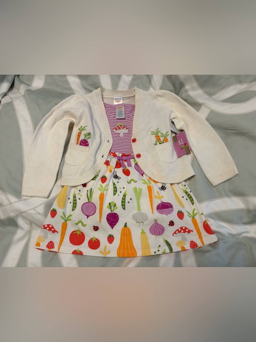 Gymboree Cream Cardigan and Vegetable Print Dress with Purple Stripe Bodice